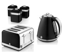 Swan Retro Black Kitchen Set including 1.5L 3KW Jug Kettle, 4 Slice Toaster & Tea, Coffee & Sugar Canisters. Classic Retro design Matching Set in Black with Chrome Accents