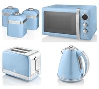 Swan Retro Blue 1.5L 3KW Jug Kettle, 2 Slice Toaster, 800W 20L Digital Microwave and Tea, Coffee & Sugar Canisters. Matching Retro Design Kitchen Set of 6 in Vintage Blue
