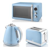 Swan Retro Blue 1.5L 3KW Jug Kettle, 2 Slice Toaster and 800W 20L Digital Microwave. Matching Retro Design Kitchen Set in Blue