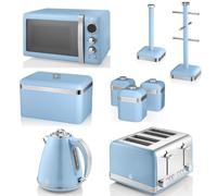 Swan Retro Blue 1.5L 3KW Jug Kettle, 4 Slice Toaster, 800W 20L Digital Microwave, Bread Bin, Canisters, Mug Tree & Towel Pole. Matching Retro Kitchen Set of 9 in Vintage Blue