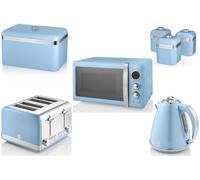 Swan Retro Blue 1.5L 3KW Jug Kettle, 4 Slice Toaster, 800W 20L Digital Microwave, Bread Bin & Set of 3 Tea, Coffee & Sugar Canisters. Matching Retro Design Kitchen Set of 7 in Blue