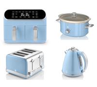 Swan Retro Blue 1.5L 3KW Jug Kettle, 4 Slice Toaster, 8L Dual Basket Air Fryer and 3.5L Slow Cooker. Matching Retro Design Kitchen Appliances Set in Blue
