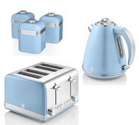 Swan Retro Blue 1.5L 3KW Jug Kettle, 4 Slice Toaster and Tea, Coffee, Sugar Canisters. Matching Retro Kitchen Set in Blue