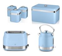 Swan Retro Blue 6 Piece Kitchen Set - StoveTop Inspired Traditional Design Revive Kettle & 2 Slice Toaster with Retro Breadbin and Tea, Coffee, Sugar Canisters Storage Set