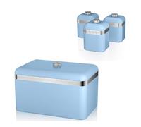 Swan Retro Blue Bread Bin and Tea, Coffee, Sugar Canisters. Matching Retro Design Kitchen Storage Set in Blue