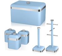SWAN Retro Blue Bread Bin, Tea, Coffee Sugar Canisters, Mug Tree and Towel Pole. Vintage Retro Design Matching Kitchen Storage Set of 6 in Blue with Chrome Accents