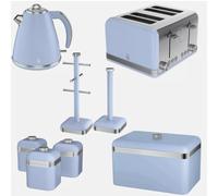 Swan Retro Blue Kettle, 4 Slice Toaster, Bread Bin Canisters Pole Set