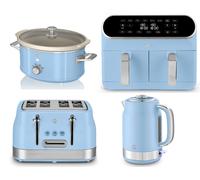 SWAN Retro Blue Kettle Toaster 8L Dual Basket Air Fryer Slow Cooker Kitchen Set [EEK: Compliant]
