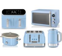 SWAN Retro Blue Kettle Toaster Microwave Air Fryer Slow Cooker Kitchen Set [EEK: Compliant]
