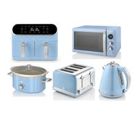 Swan Retro Blue 1.5L 3KW Jug Kettle, 4 Slice Toaster, 8L Dual Basket Air Fryer, 800W 20L Digital Microwave and 3.5L Slow Cooker. Complete Matching Retro Design Kitchen Set in Blue