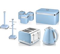 Swan Retro Blue Kitchen Set of 8 including 1.5L 3KW Jug Kettle, 4 Slice Toaster, Bread Bin, Canisters, Mug Tree & Towel Pole - Matching Retro Design Kitchen Set in Vintage Blue