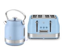Swan Retro Kitchen Set, 1.7L Rapid Boil Kettle with 360 Degree Base, 3000W, and 4 Slice Toaster with 7 Browning Levels, 1860W, Blue, SK14631BLU & ST19029BLU