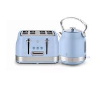 Swan Retro Kitchen Set, 1.7L Rapid Boil Kettle with 360 Degree Base, 3000W, and 4 Slice Toaster with 7 Browning Levels, 1860W and 20L Digital Microwave, Blue, SK14631BLU & ST19029BLU & SM4425BLU