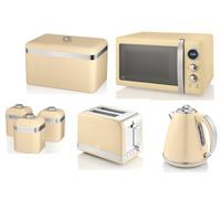 Swan Retro Cream 1.5L 3KW Jug Kettle, 2 Slice Toaster, 800W 20L Microwave, Bread Bin and Tea, Coffee, Sugar Canisters. Matching Retro Design Kitchen Set of 7 in Cream