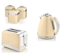 Swan Retro Cream 1.5L 3KW Jug Kettle, 2 Slice Toaster and Tea, Coffee, Sugar Canisters. Matching Retro Design Kitchen Set of 5 in Cream