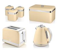 Swan Retro Cream 1.5L 3KW Jug Kettle, 2 Slice Toaster, Bread Bin and Tea, Coffee, Sugar Canisters. Matching Retro Design Kitchen Set of 6 in Cream