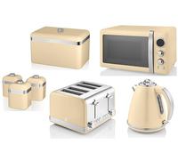 Swan Retro Cream 1.5L 3KW Jug Kettle, 4 Slice Toaster, 800W 20L Microwave, Bread Bin and Tea, Coffee, Sugar Canisters. Matching Retro Design Kitchen Set of 7 in Cream