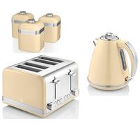 Swan Retro Cream 1.5L 3KW Jug Kettle, 4 Slice Toaster and Tea, Coffee, Sugar Canisters. Matching Retro Design Kitchen Set of 5 in Cream
