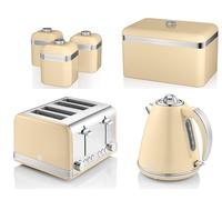 Swan Retro Cream 1.5L 3KW Jug Kettle, 4 Slice Toaster, Bread Bin and Tea, Coffee, Sugar Canisters. Matching Retro Design Kitchen Set of 6 in Cream