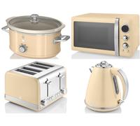 Swan Retro Cream Jug Kettle 4 Slice Toaster 800W Microwave 3.5L Slow Cooker Set [EEK: Compliant]