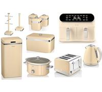 Swan Retro Cream Jug Kettle, 4 Slice Toaster, 8L Dual Basket Air Fryer, 3.5L Slow Cooker, 45L Kitchen Sensor Bin, Bread Bin, Canisters, Mug Tree and Towel Pole. Matching Retro Design Kitchen Set of 11