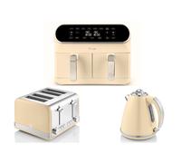 SWAN Retro Cream Kettle 4 Slice Toaster & Dual Basket Air Fryer Set