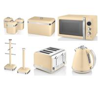 Swan Retro Cream Kitchen Set of 9-1.5L 3KW Jug Kettle, 4 Slice Toaster, 800W 20L Digital Microwave, Bread Bin, Canisters, Mug Tree & Towel Pole - Matching Retro Design Kitchen Set in Vintage Cream