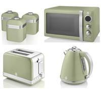 Swan Retro Green 1.5L 3KW Jug Kettle, 2 Slice Toaster, 800W 20L Digital Microwave and Tea, Coffee, Sugar & Canisters. Retro Design Matching Kitchen Set of 6 in Green