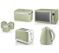 Swan Retro Green 1.5L 3KW Jug Kettle, 2 Slice Toaster, 800W 20L Digital Microwave, Bread Bin & Canisters. Retro Design Matching Kitchen Set of 7 in Green