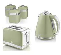 Swan Retro Green 1.5L 3KW Jug Kettle, 2 Slice Toaster and Set of 3 Tea, Coffee, Sugar Canisters. Matching Retro Design Kitchen Set of 5 in Vintage Green