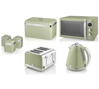 Swan Retro Green 1.5L 3KW Jug Kettle, 4 Slice Toaster, 800W 20L Digital Microwave, Bread Bin & Canisters. Retro Design Matching Kitchen Set of 7 in Green