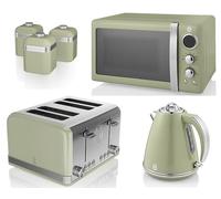 Swan Retro Green 1.5L 3KW Jug Kettle, 4 Slice Toaster, 800W 20L Digital Microwave & Tea, Coffee, Sugar Canisters. Retro Design Matching Kitchen Set of 6 in Green