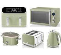 Swan Retro Green 1.5L 3KW Jug Kettle, 4 Slice Toaster, 8L Dual Basket Air Fryer, 800W 20L Microwave and 3.5L Slow Cooker. Matching Retro Design Kitchen Set