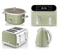 Swan Retro Green 1.5L 3KW Jug Kettle, 4 Slice Toaster, 8L Dual Basket Air Fryer and 3.5L Slow Cooker. Matching Retro Design Kitchen Appliances Set of 4 in Green