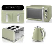 Swan Retro Green 1.5L 3KW Jug Kettle, 4 Slice Toaster, 8L Dual Basket Air Fryer and 800W 20L Microwave. Matching Retro Design Kitchen Appliances Set in Vintage Green