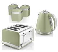 Swan Retro Green 1.5L 3KW Jug Kettle, 4 Slice Toaster, Bread Bin and Set of 3 Tea, Coffee, Sugar Canisters. Retro Design Matching Kitchen Set of 5 in Green
