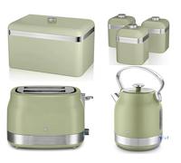 Swan Retro Green 6 Piece Kitchen Set - StoveTop Inspired Traditional Design Revive Kettle & 2 Slice Toaster with Retro Breadbin and Tea, Coffee, Sugar Canisters Storage Set
