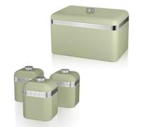 Swan Retro Green Bread Bin And 3X 1L Canisters Matching Kitchen Storage Set - Colour-Coated Iron With Chrome Accents