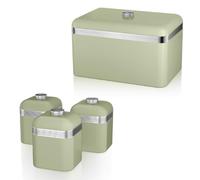 Swan Retro Green Bread Bin and Tea, Coffee, Sugar Canisters. Matching Retro Design Kitchen Storage Set in Green