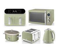 Swan Retro Green 1.5L 3KW Jug Kettle, 4 Slice Toaster, 8L Dual Basket Air Fryer, 800W 20L Microwave and 3.5L Slow Cooker. Matching Retro Design Kitchen Set