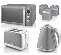 SWAN Retro Grey 1.5L 3KW Jug Kettle, 2 Slice Toaster, 800W 20L Microwave and Tea, Coffee & Sugar Canisters. Matching Retro Design Kitchen Set of 6 in Grey