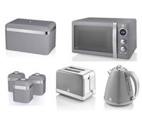 SWAN Retro Grey 1.5L 3KW Jug Kettle, 2 Slice Toaster, 800W 20L Microwave, Bread Bin and Tea, Coffee & Sugar Canisters. Matching Retro Design Kitchen Set of 7 in Grey