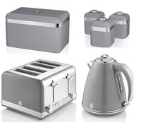 Swan Retro Grey 1.5L 3KW Jug Kettle, 4 Slice Toaster, Bread Bin and Set of 3 Tea, Coffee, Sugar Canisters. Retro Design Matching Kitchen Set of 6 in Grey