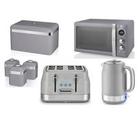 Swan Retro Grey 7-Piece Kitchen Set - 1.7L Rapid Boil Kettle, 4-Slice Toaster, 800W Microwave, Breadbin & 3 Canisters