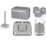 Swan Retro Grey 7 Piece Kitchen Set - StoveTop Inspired Traditional Design Revive Kettle & 4 Slice Toaster with Retro Breadbin, 3 Canisters & Kitchen Roll Holder Storage Set