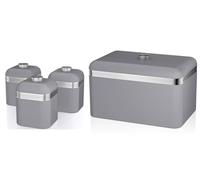 Swan Retro Grey Bread Bin and Tea, Coffee, Sugar Canisters. Matching Retro Design Kitchen Storage Set in Grey