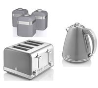 SWAN Retro Grey Jug Kettle 4 Slice Toaster & Canisters Matching Kitchen Set [EEK: Compliant]