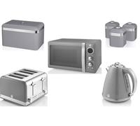 Swan Retro Grey Kitchen Set of 7 Including 1.5L 3KW Jug Kettle, 4 Slice Toaster, 800W 20L Digital Microwave, Bread Bin & Canisters. Matching Retro Design Kitchen Set of 7 in Vintage Grey