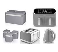 Swan Retro Grey Kitchen Set of 7 Including 1.5L 3KW Jug Kettle, 4 Slice Toaster, 8L Dual Basket Digital Air Fryer, Bread Bin & Canisters - Matching Retro Design Kitchen Set of 7 in Vintage Grey