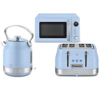 Swan Retro Kitchen Set, 1.7L Rapid Boil Kettle with 360 Degree Base, 3000W, and 4 Slice Toaster with 7 Browning Levels, 1860W and 20L Digital Microwave, Blue, SK14631BLU & ST19029BLU & SM4425BLU